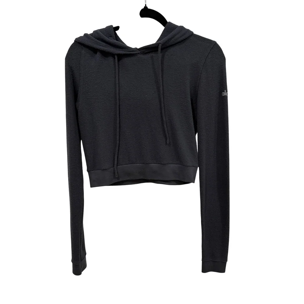 Alo Yoga Women Cropped Hoodie Charcoal Gray Long Sleeve Pullover Sweatshirt‎